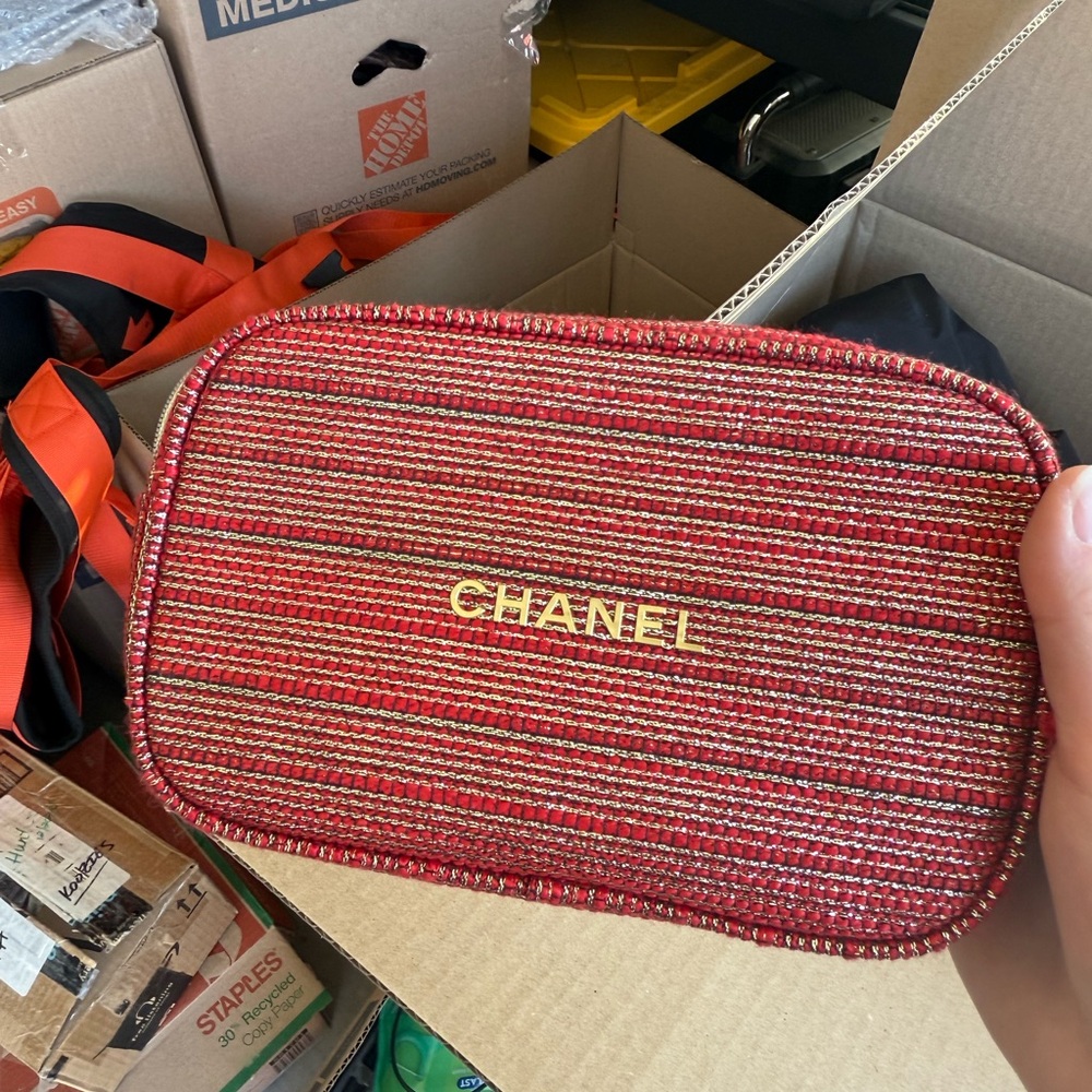 CHANEL Red and Gold Striped Clutch